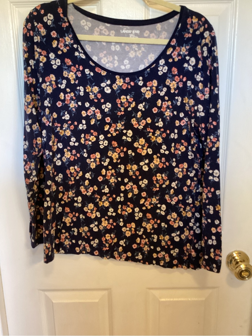 Lands' End Navy Floral Long-Sleeve Scoop Neck Top